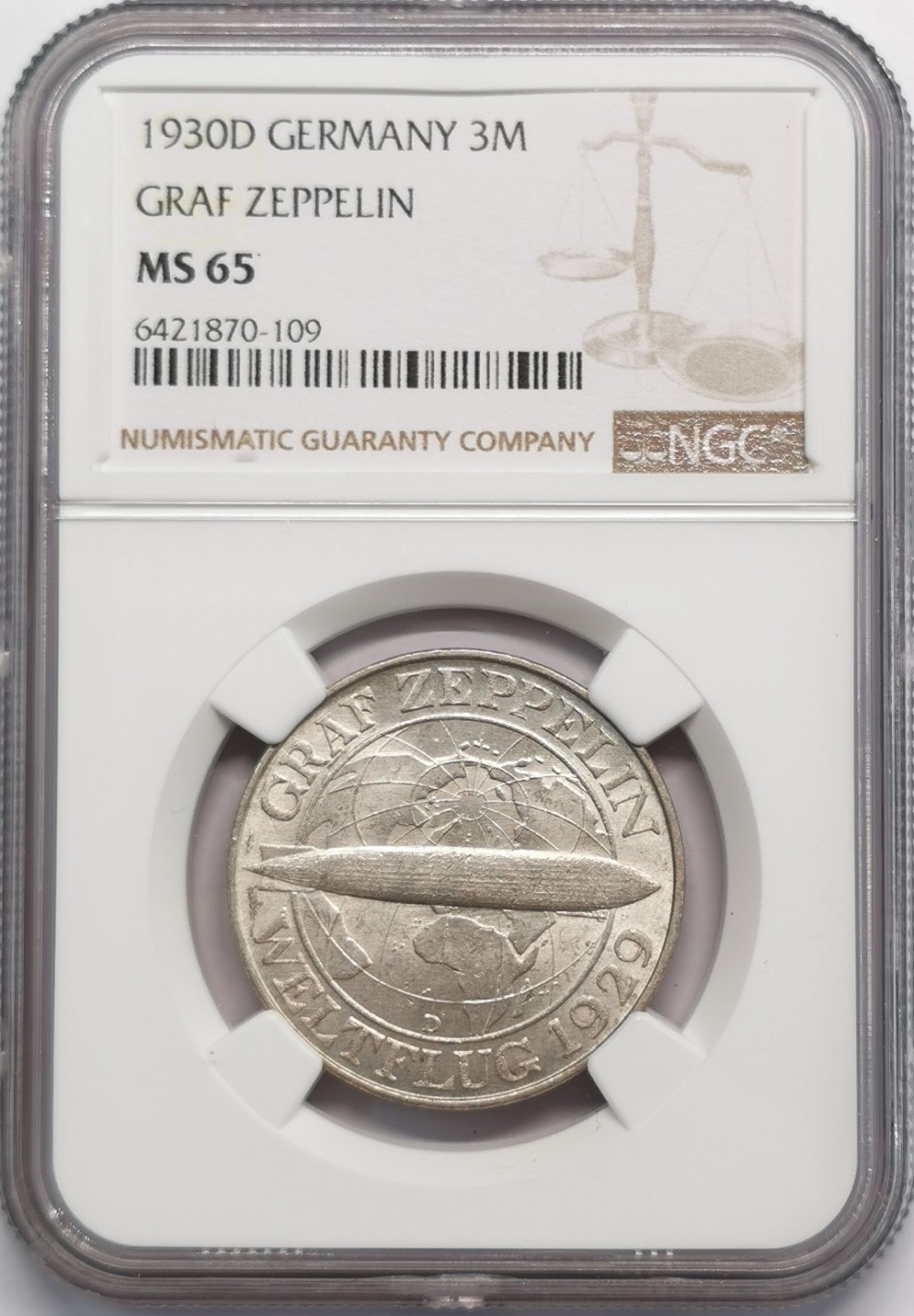 凡希社世界钱币微拍第二百零九期 1930D魏玛齐柏林飞艇3马克NGC-MS65