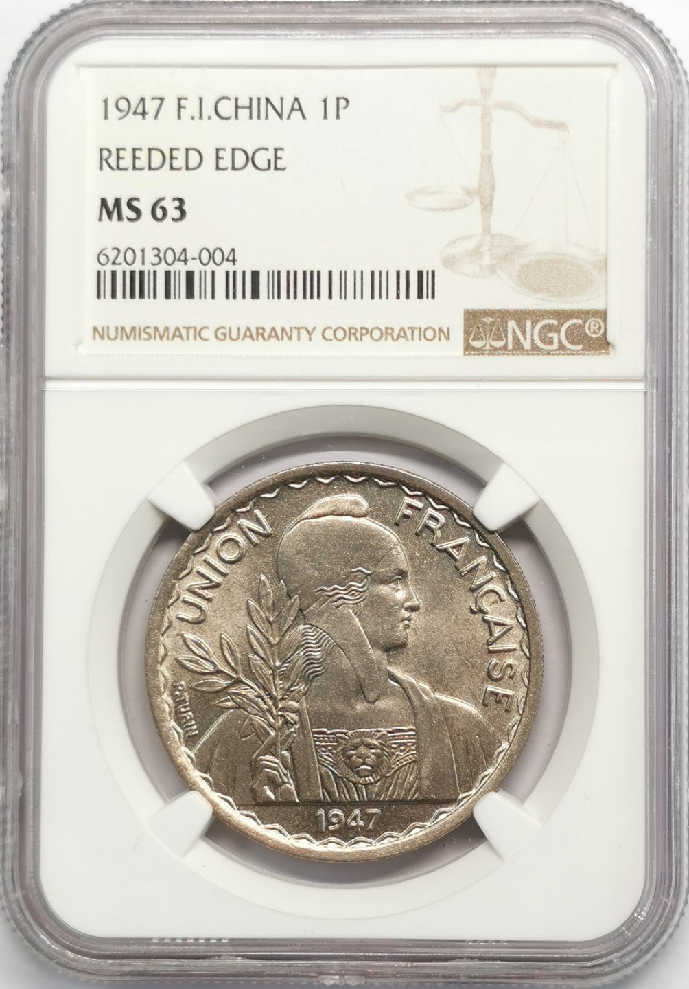 凡希社世界钱币微拍第二百零九期 1947法属印度支那皮亚斯特镍币NGC-MS63齿边！