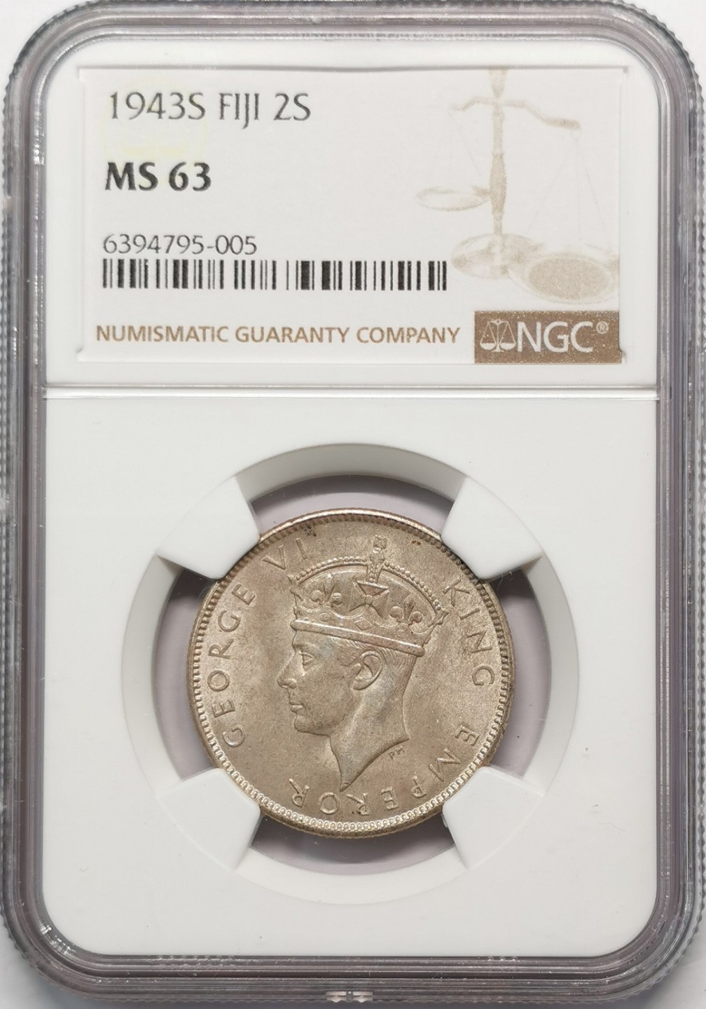 凡希社世界钱币微拍第二百零九期 1943S斐济乔六高银版2先令银币NGC-MS63