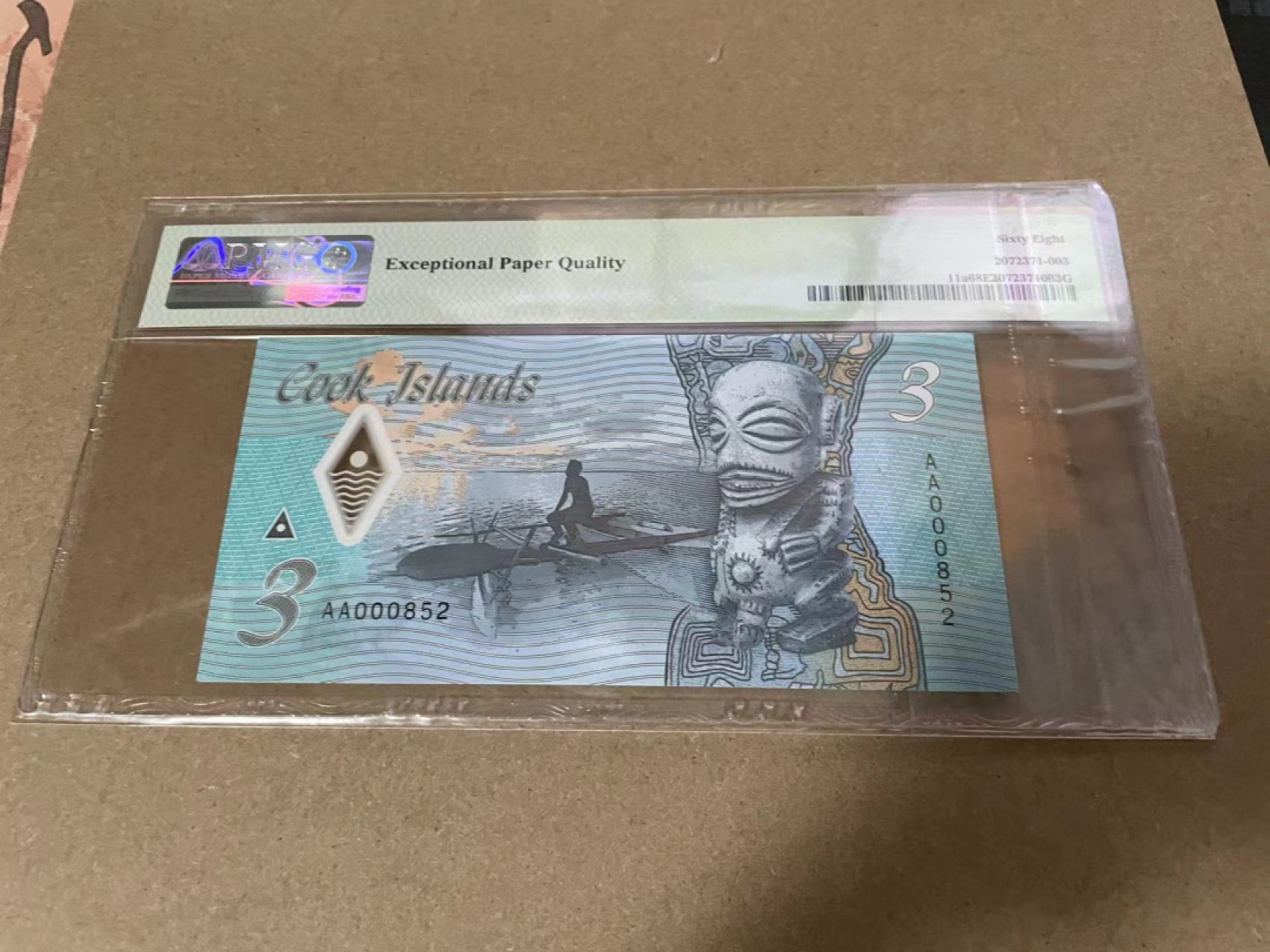 【Blue Auction】✨世界纸币精拍第218期【精】——安彻尔和安娜  【AA冠852号】库克群岛 2021年3元 PMG68EPQ 高分