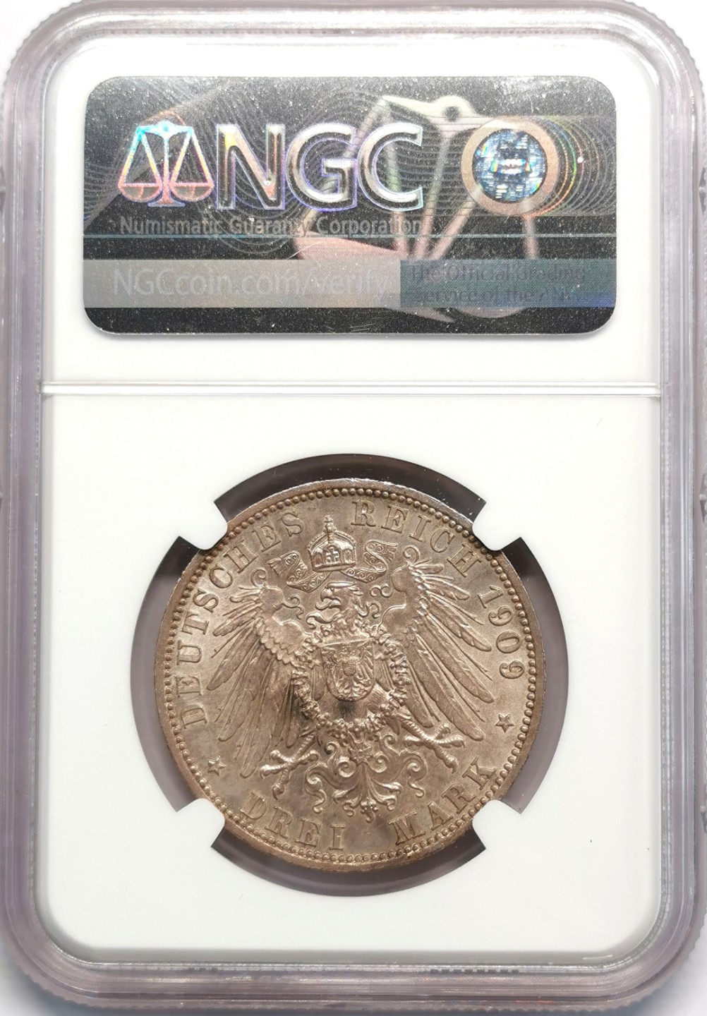 凡希社世界钱币微拍第二百零九期 荐！1909A德国罗斯-上格莱茨3马克NGC-MS61稀有！