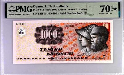 【Blue Auction】✨世界纸币精拍第218期【精】——安彻尔和安娜 - 【满分70分唯一冠军分】丹麦 浮雕版 2006年1000克朗 PMG70EPQ星星 迈克尔·安彻尔和安娜 值得珍藏