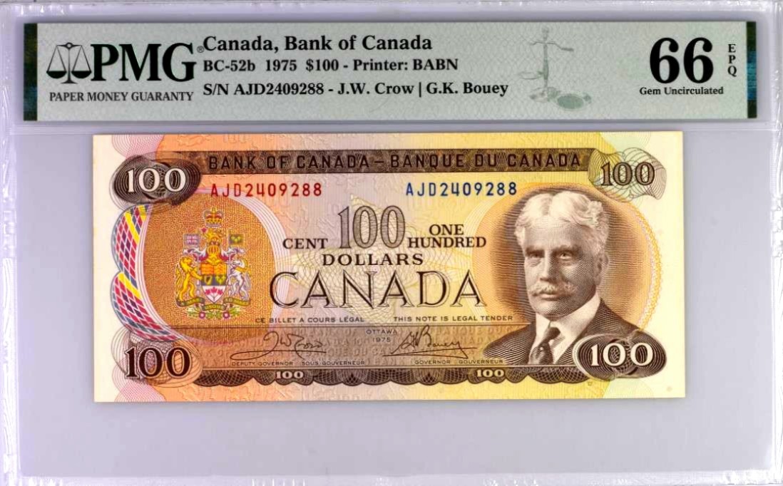 【Blue Auction】✨世界纸币精拍第218期【精】——安彻尔和安娜 【88尾】加拿大 1975年100元 PMG66EPQ 背面港口漂亮