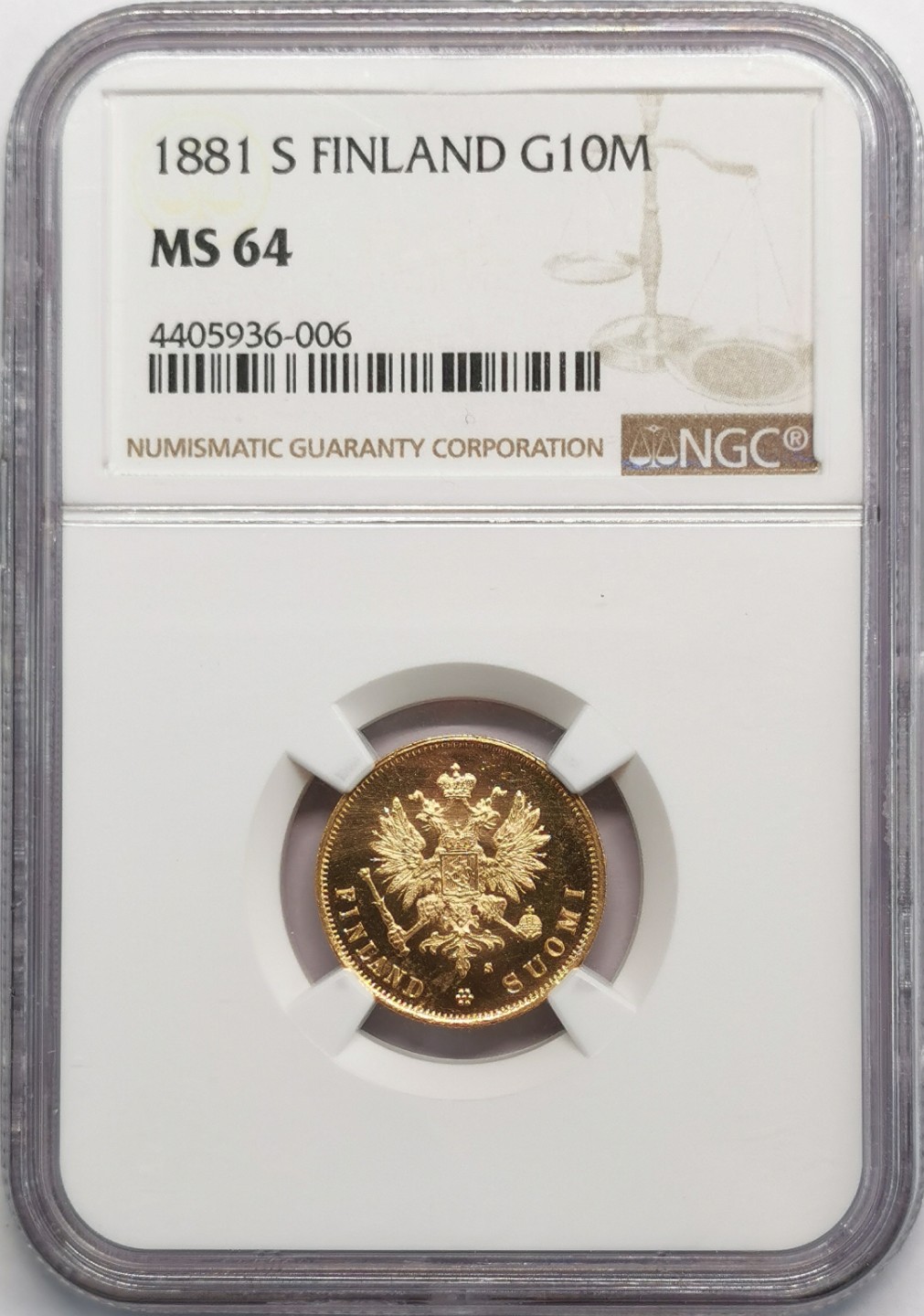 凡希社世界钱币微拍第二百零九期 1881俄占芬兰10马克金币NGC-MS64实物PL