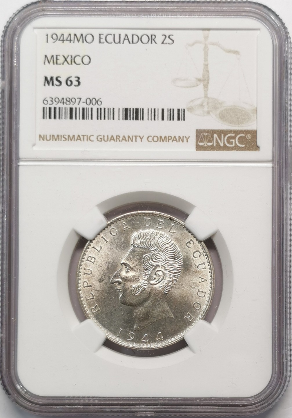 凡希社世界钱币微拍第二百零九期 1944厄瓜多尔2S银币NGC-MS63