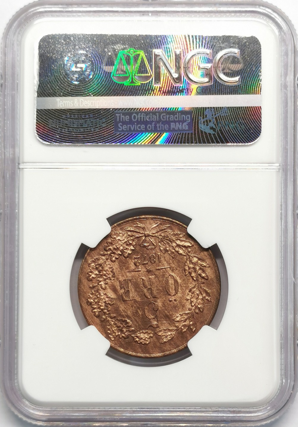 凡希社世界钱币微拍第二百零九期 1872瑞典卡尔十五世5欧尔铜币NGC-MS64RB