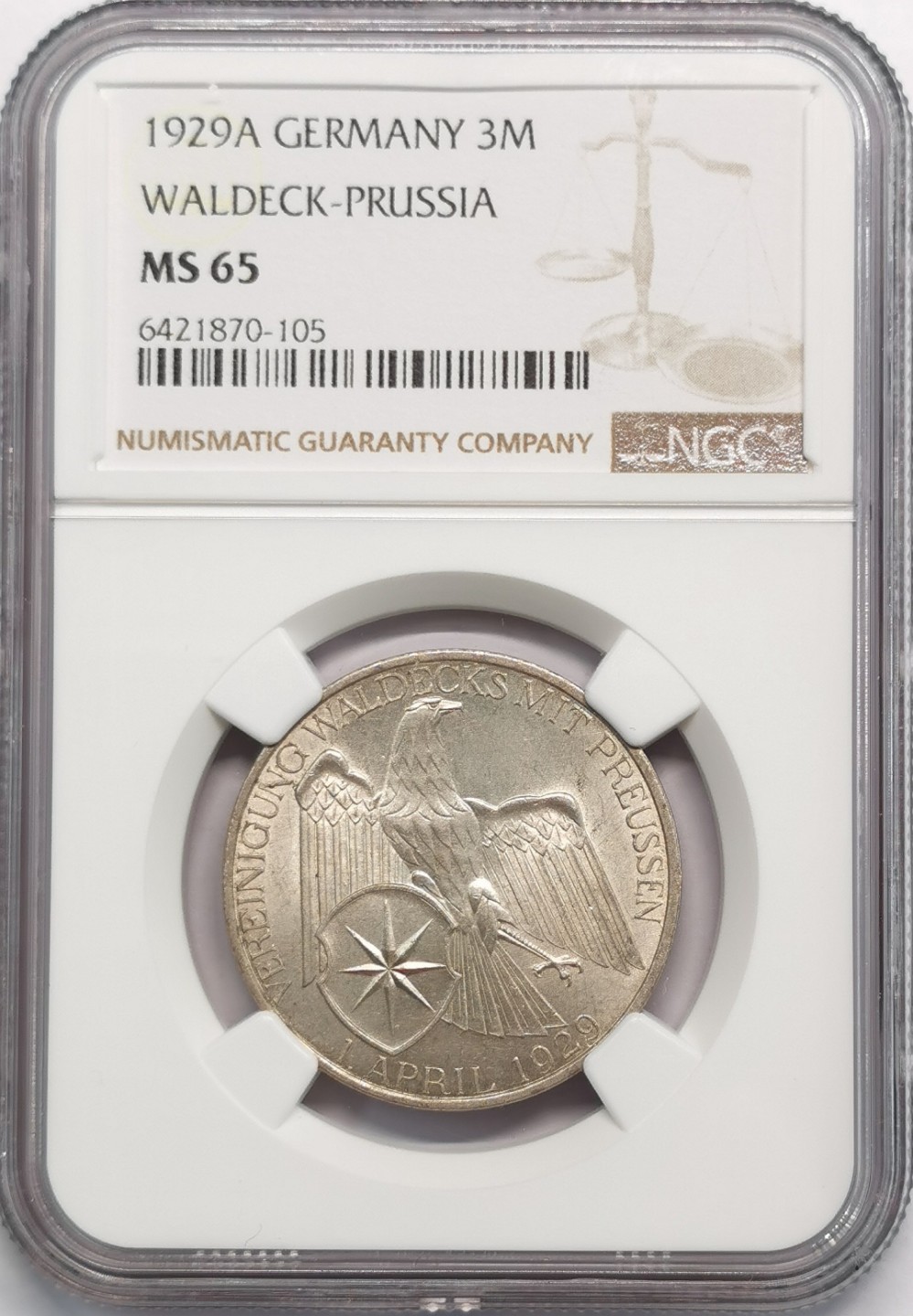 凡希社世界钱币微拍第二百零九期 1929魏玛瓦尔德克纪念3马克NGC-MS65