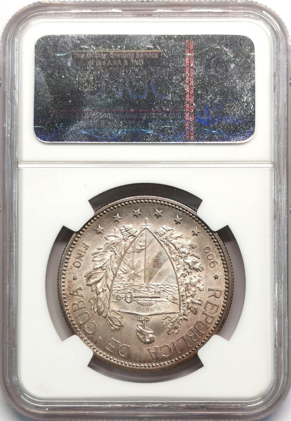 凡希社世界钱币微拍第二百零九期 稀！1897古巴美女比索大银NGC-MS64绝美紫罗兰彩！