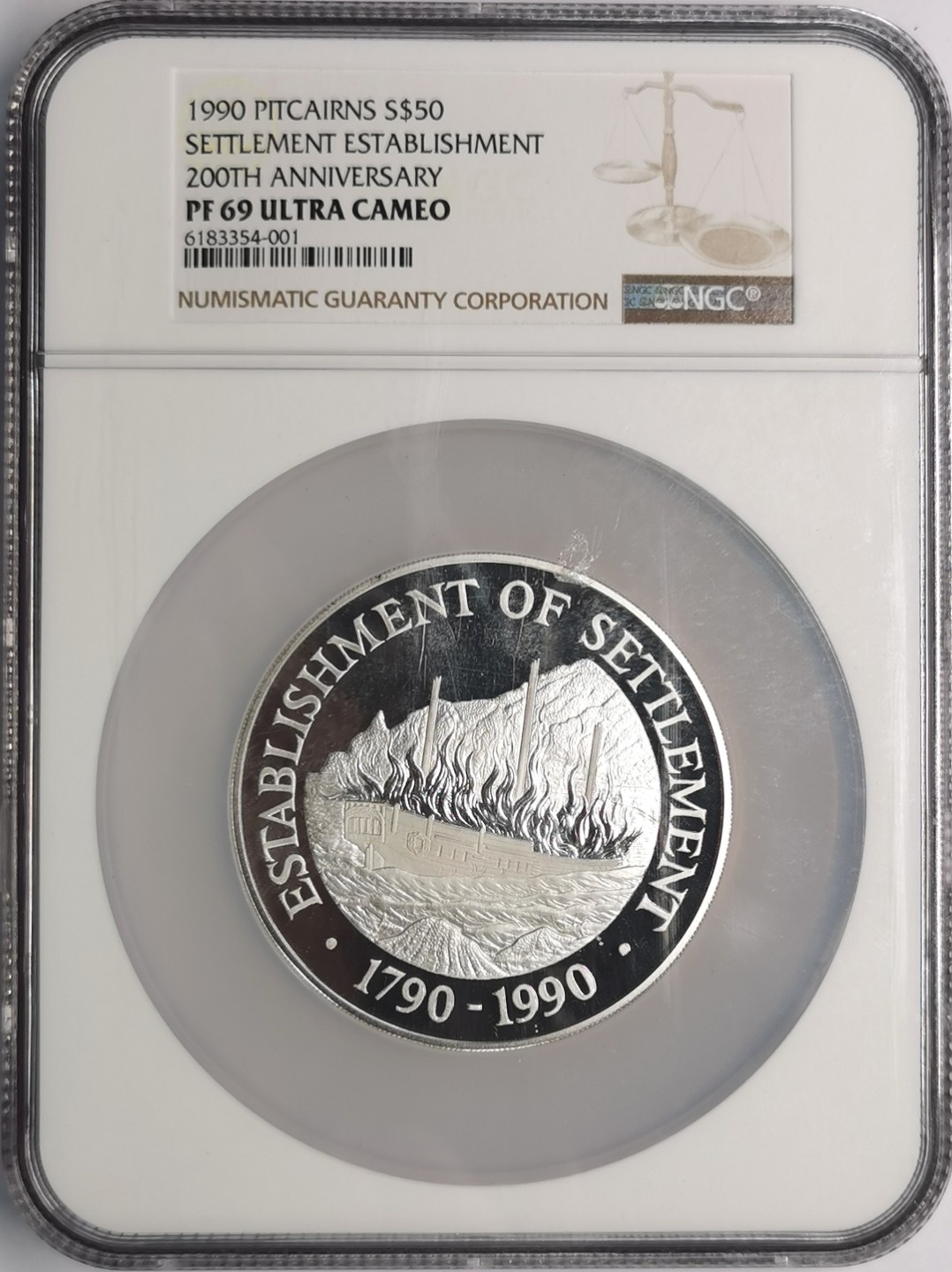凡希社世界钱币微拍第二百零九期 1990皮特凯恩殖民200周年火烧船50元大银NGC-PF69UC顶级品！