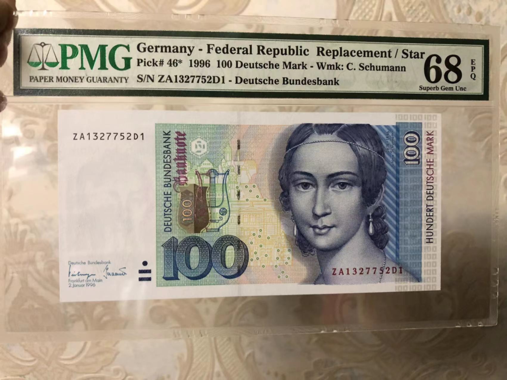 【Blue Auction】✨世界纸币精拍第218期【精】——安彻尔和安娜 【唯一补号冠军分】德国 1996年100马克 经典克拉拉 PMG68EPQ 超高分