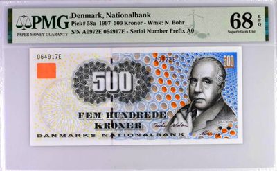 【Blue Auction】✨世界纸币精拍第218期【精】——安彻尔和安娜 - 【初版A0冠军分】丹麦 浮雕版 1997年500克朗 PMG68EPQ 超高分 罕见