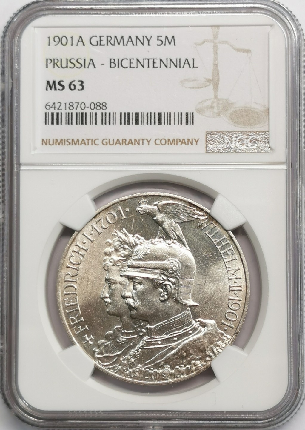 凡希社世界钱币微拍第二百零九期 1901普鲁士王国200周年纪念5马克NGC-MS63