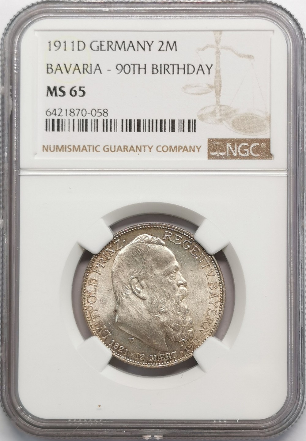 凡希社世界钱币微拍第二百零九期 1911巴伐利亚2马克NGC-MS65