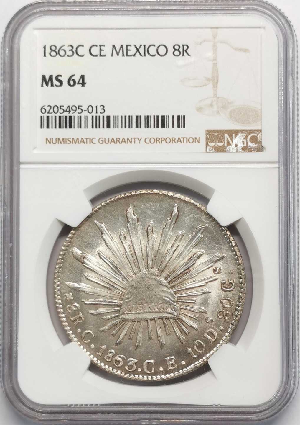 凡希社世界钱币微拍第二百零九期 荐！1862CCE墨西哥花边鹰洋NGC-MS64原光收藏级稀见版！