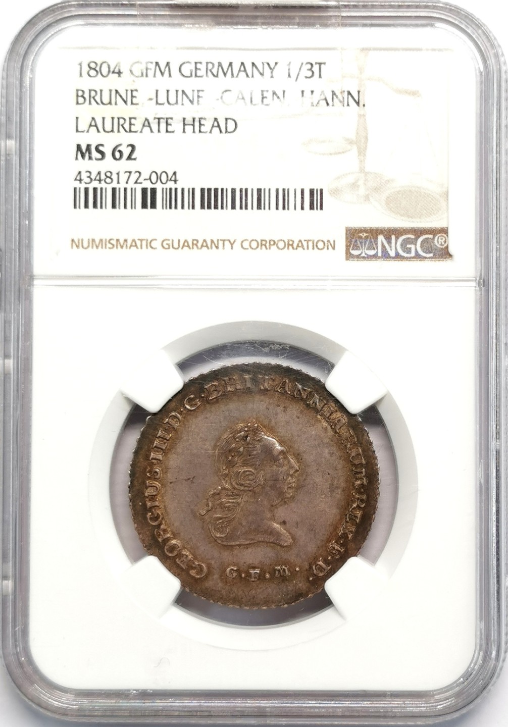 凡希社世界钱币微拍第二百零九期 荐！1804布伦瑞克汉诺威乔治三世1/3泰勒NGC-MS62传世包浆！