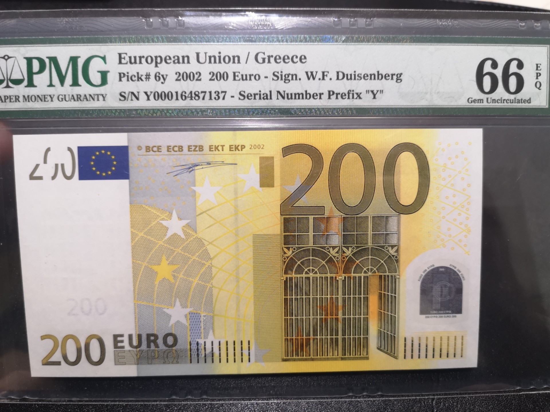 《外钞收藏家》第一百九十八期 2002年一签200欧元 PMG66 希腊版
