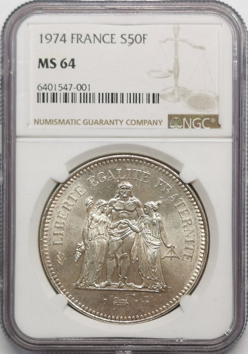 凡希社世界钱币微拍第二百零九期 1974法国大力神50法郎大银NGC-MS64