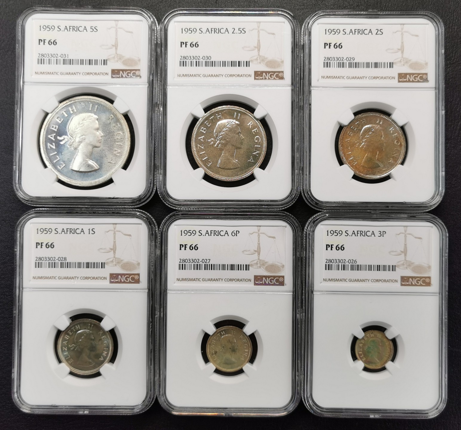 凡希社世界钱币微拍第二百零九期 1959南非伊丽莎白精铸银币3D-5S六枚NGC-PF66