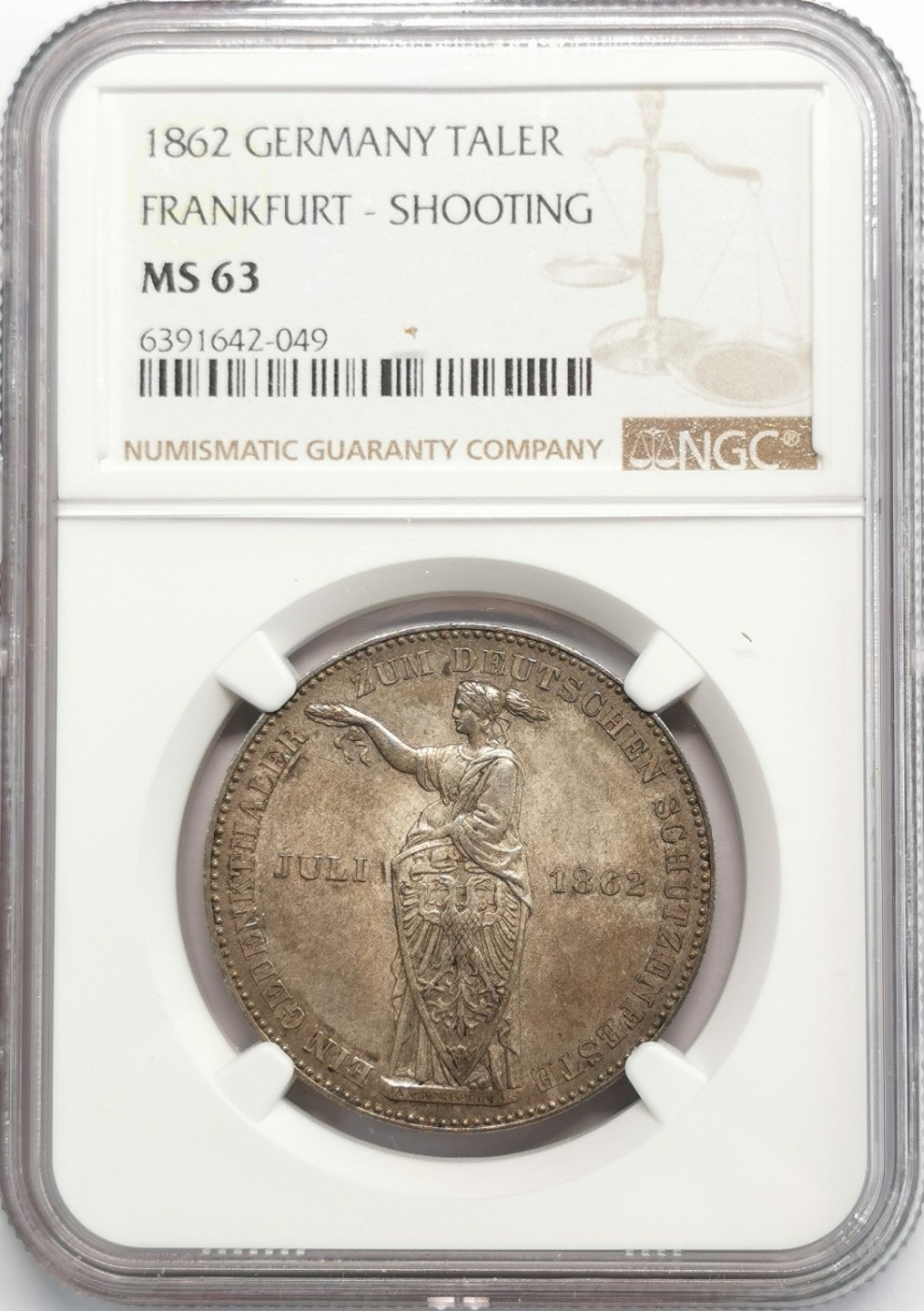 凡希社世界钱币微拍第二百零九期 1862法兰克福射击节纪念泰勒NGC-MS63灰彩！
