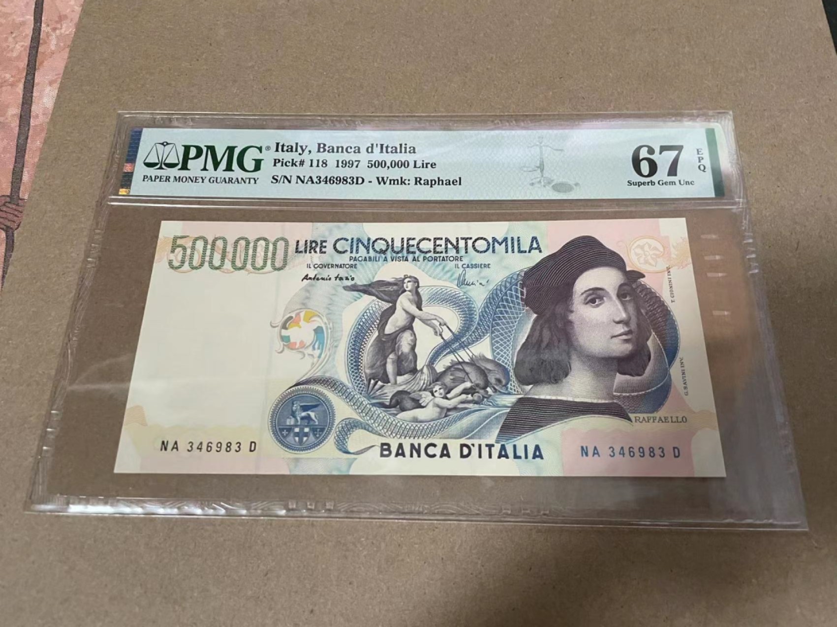 【Blue Auction】✨世界纸币精拍第218期【精】——安彻尔和安娜 意大利 1997年50万里拉 最高值 经典拉斐尔 PMG67EPQ 高分