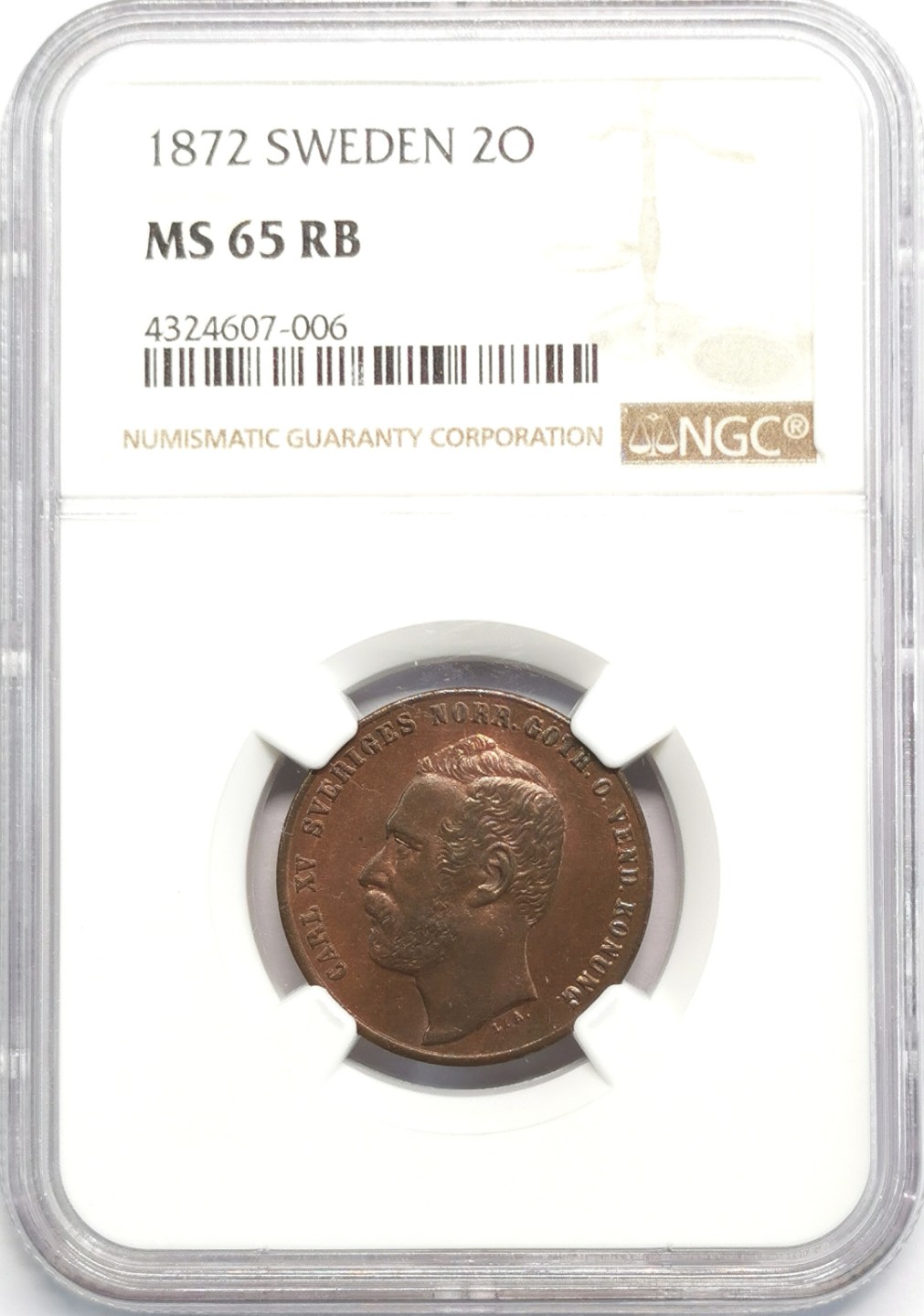 凡希社世界钱币微拍第二百零九期 1872瑞典卡尔十五世2欧尔NGC-MS65铜色优美！