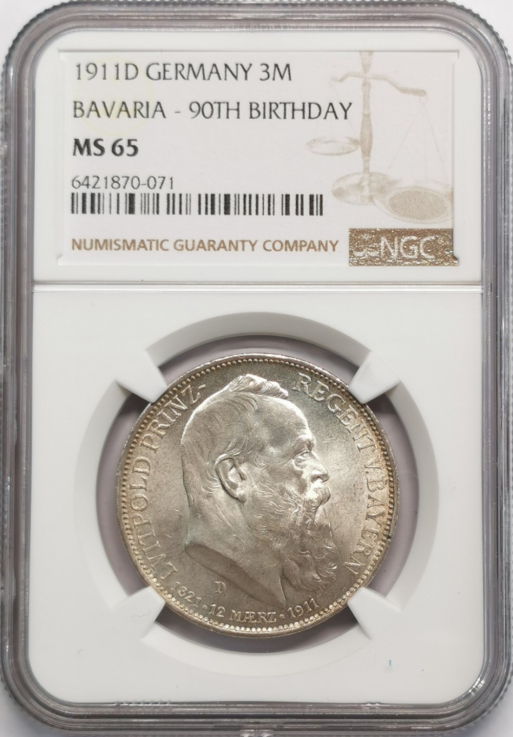 凡希社世界钱币微拍第二百零九期 1911巴伐利亚3马克NGC-MS65