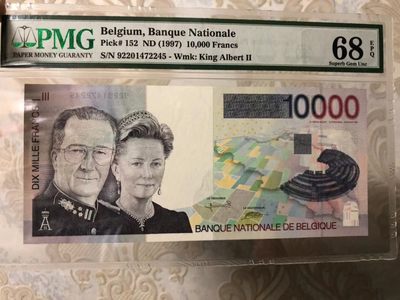 【Blue Auction】✨世界纸币精拍第218期【精】——安彻尔和安娜 - 【仅1张更高分】比利时 末版 1997年10000法郎 最高值 PMG68EPQ 超高分非常罕见