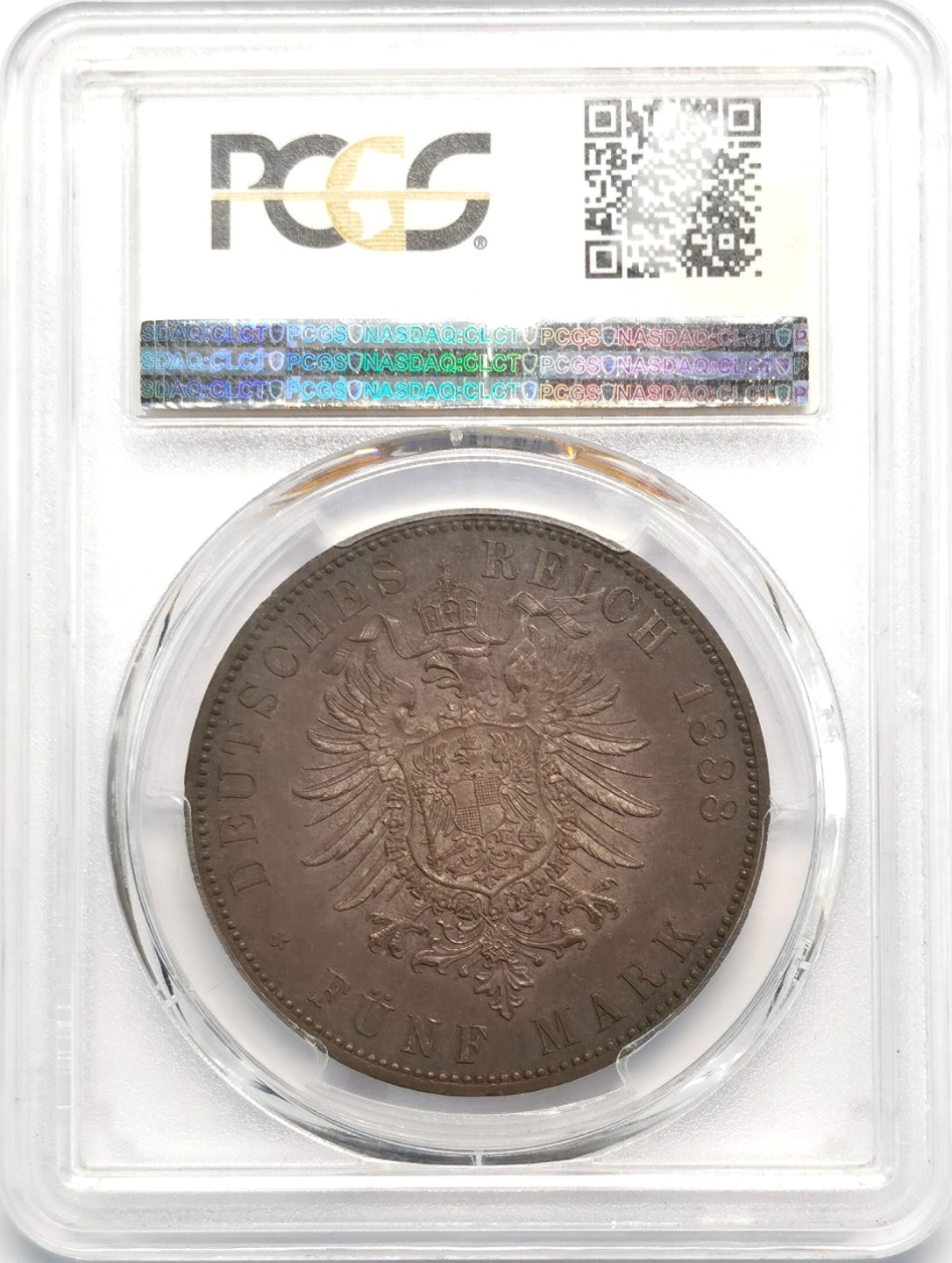 凡希社世界钱币微拍第二百零九期 1888普鲁士三皇之年短翅5马克流通版PCGS-MS64双色包浆实物绝美！