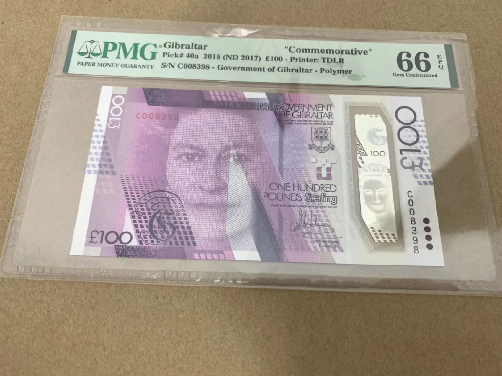 【Blue Auction】✨世界纸币精拍第218期【精】——安彻尔和安娜 【无47】直布罗陀 2015年100镑 PMG66EPQ 纪念钞 女王