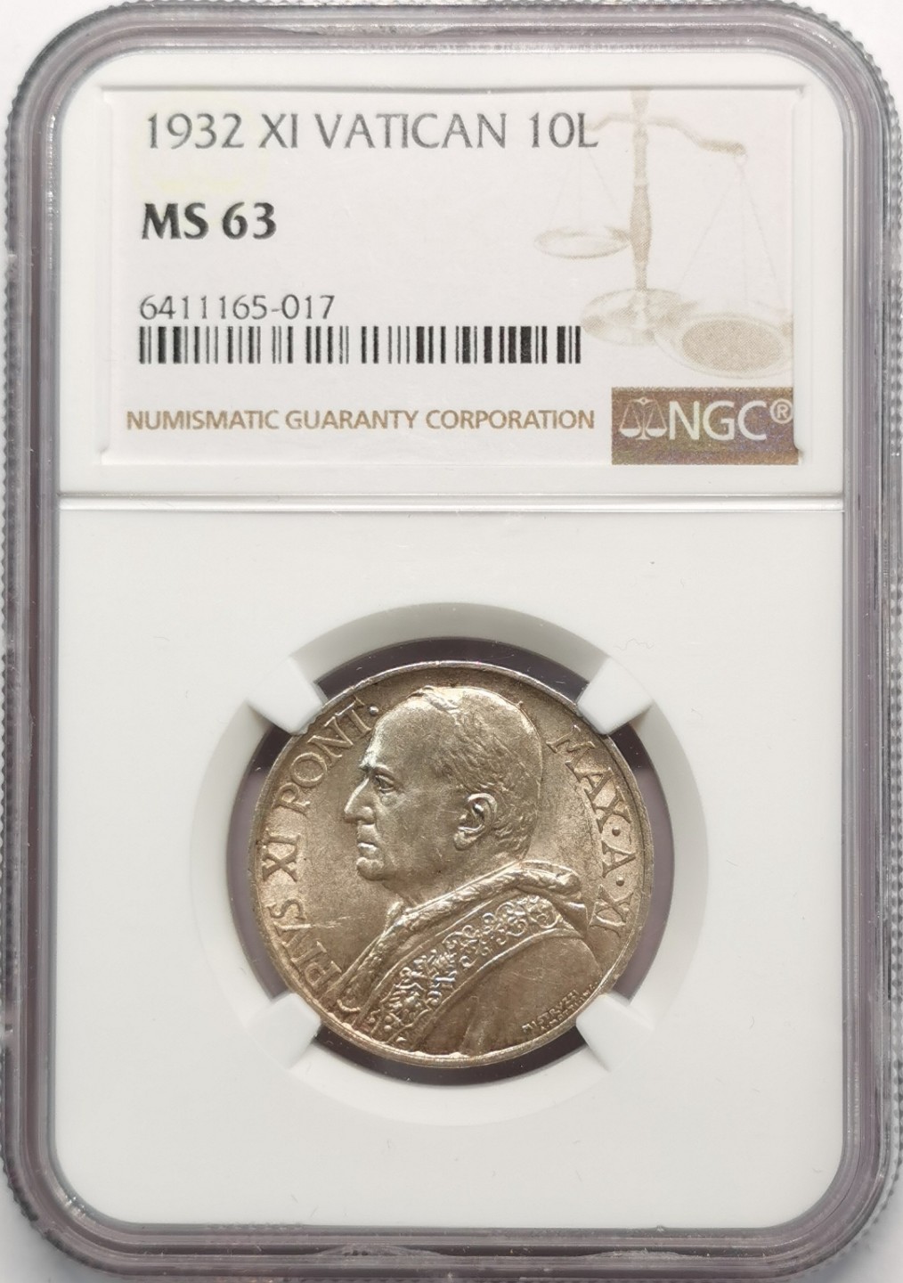 凡希社世界钱币微拍第二百零九期 1932梵蒂冈10里拉银币NGC-MS63