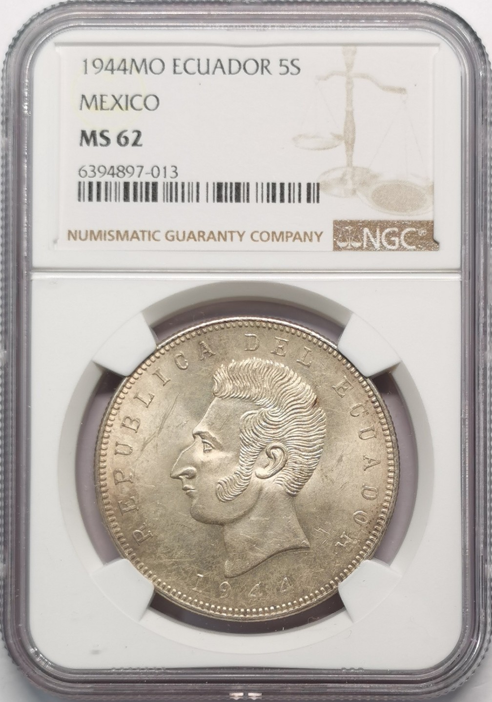 凡希社世界钱币微拍第二百零九期 1944厄瓜多尔5S大银NGC-MS62
