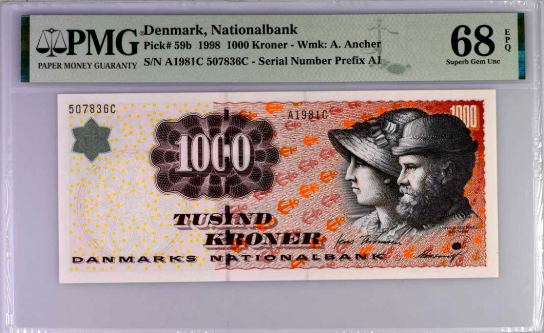 【Blue Auction】✨世界纸币精拍第218期【精】——安彻尔和安娜 【b版冠军分】丹麦 浮雕版 1998年1000克朗 PMG68EPQ 超高分