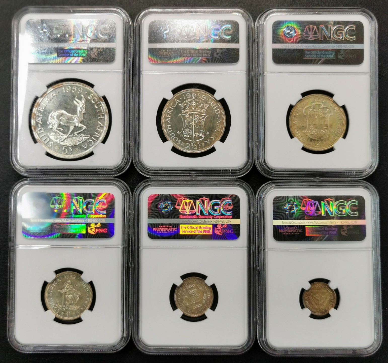 凡希社世界钱币微拍第二百零九期 1959南非伊丽莎白精铸银币3D-5S六枚NGC-PF66