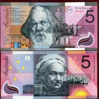 澳大利亚2001年5元 AA01冠 带日期 塑料纪念钞 红字册装版 UNC 