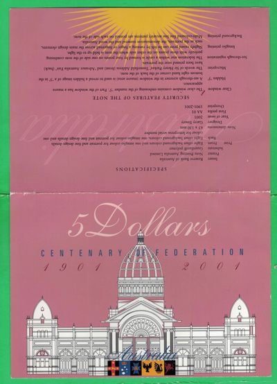 澳大利亚2001年5元 AA01冠 带日期 塑料纪念钞 红字册装版 UNC  - 澳大利亚2001年5元 AA01冠 带日期 塑料纪念钞 红字册装版 UNC 