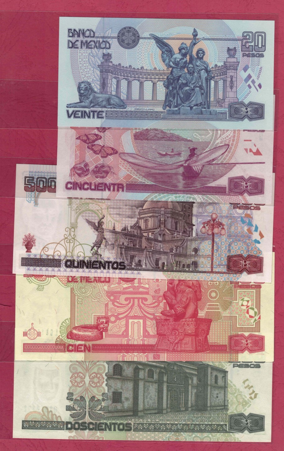 2000年版墨西哥20-500比索纸币 5张一套纪念钞 全同号 实图 UNC     