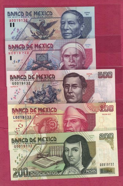 2000年版墨西哥20-500比索纸币 5张一套纪念钞 全同号 实图 UNC      - 2000年版墨西哥20-500比索纸币 5张一套纪念钞 全同号 实图 UNC     