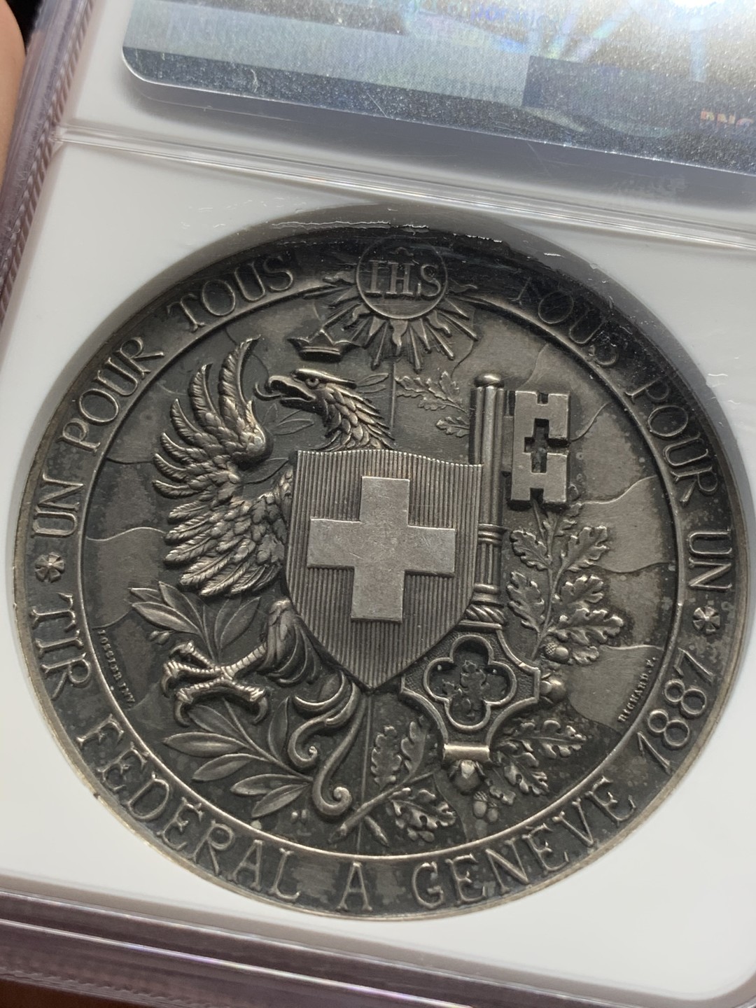 《竞宝斋》第91场-本周日，周一2场连拍（全场不限金额包邮） NGC-MS62 1887 瑞士日内瓦射击节 银章  细节好 小碎步更好