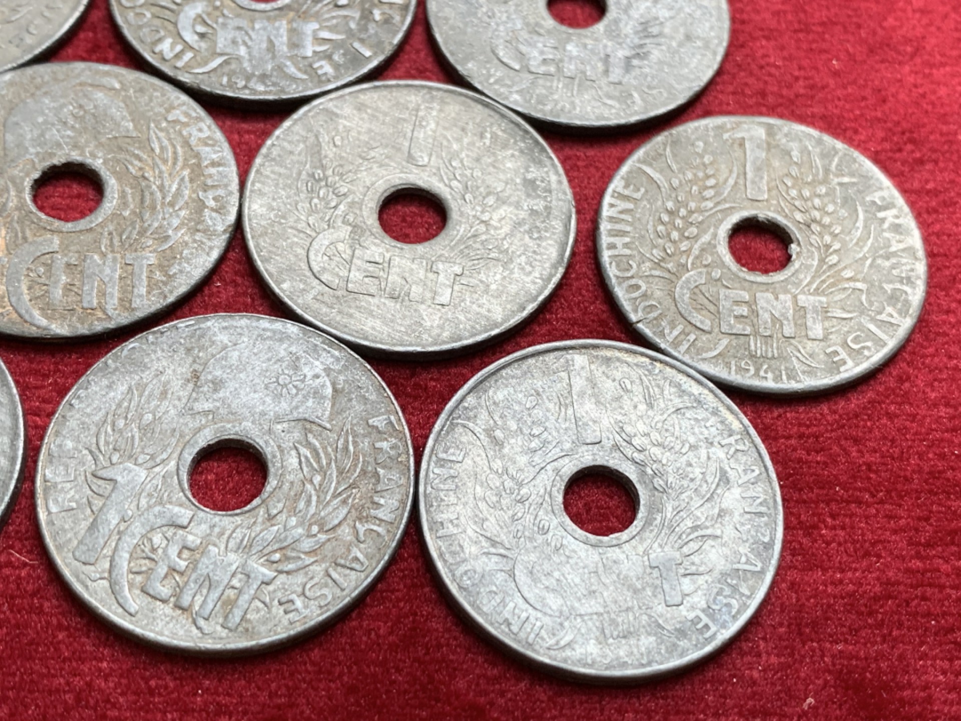 《竞宝斋》第91场-本周日，周一2场连拍（全场不限金额包邮） 1941年法属印支1分锌币流通品 10枚