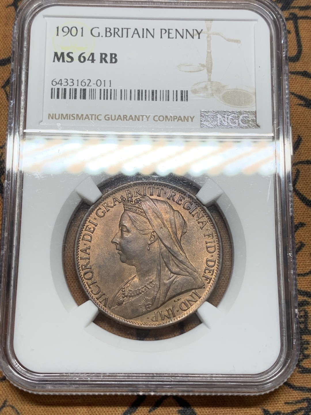 《竞宝斋》第91场-本周日，周一2场连拍（全场不限金额包邮） NGC MS 64RB 1901年英国维多利亚1便士 铜币 高分