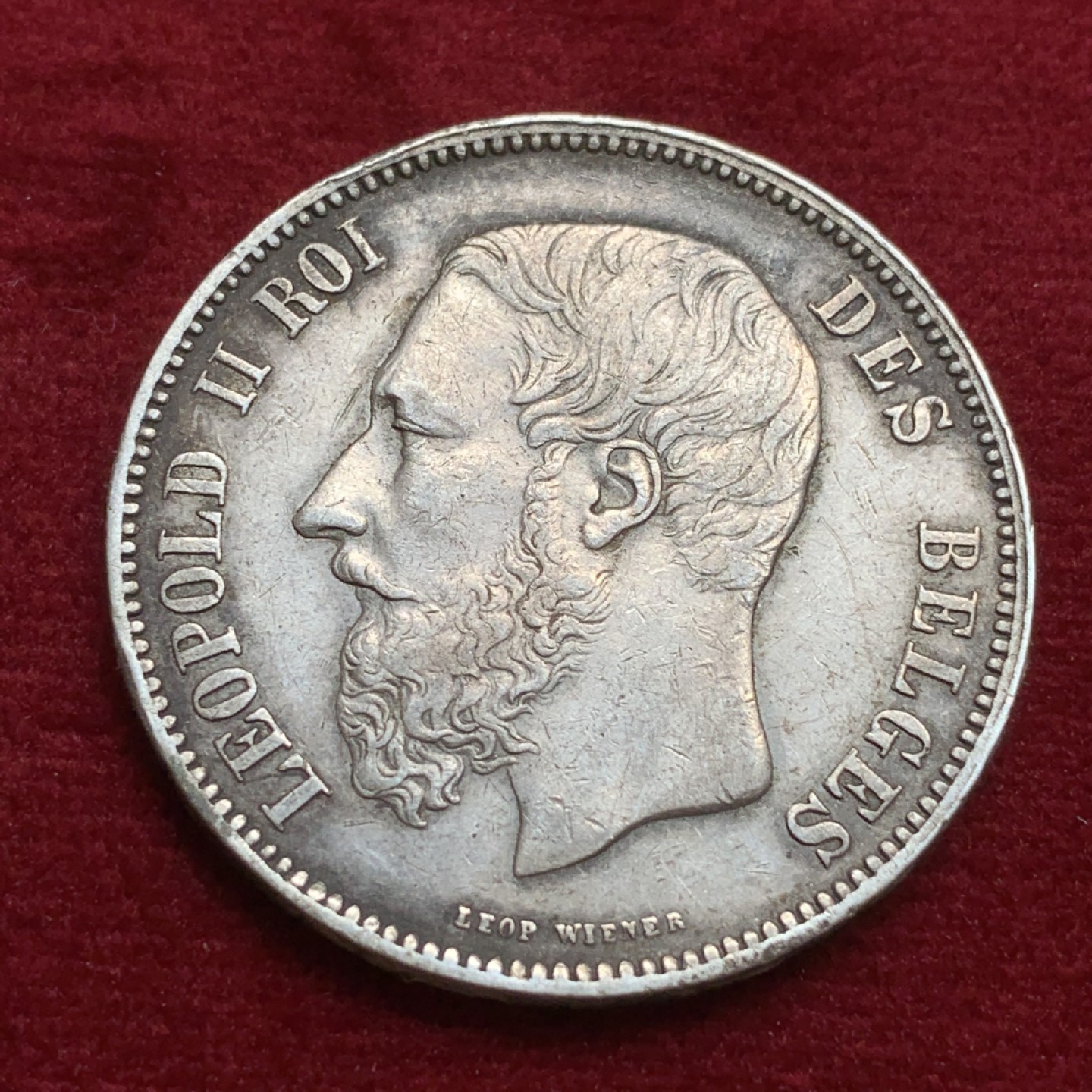 《竞宝斋》第91场-本周日，周一2场连拍（全场不限金额包邮） 比利时 1873年 原味 利奥波德二世 5法郎 银币