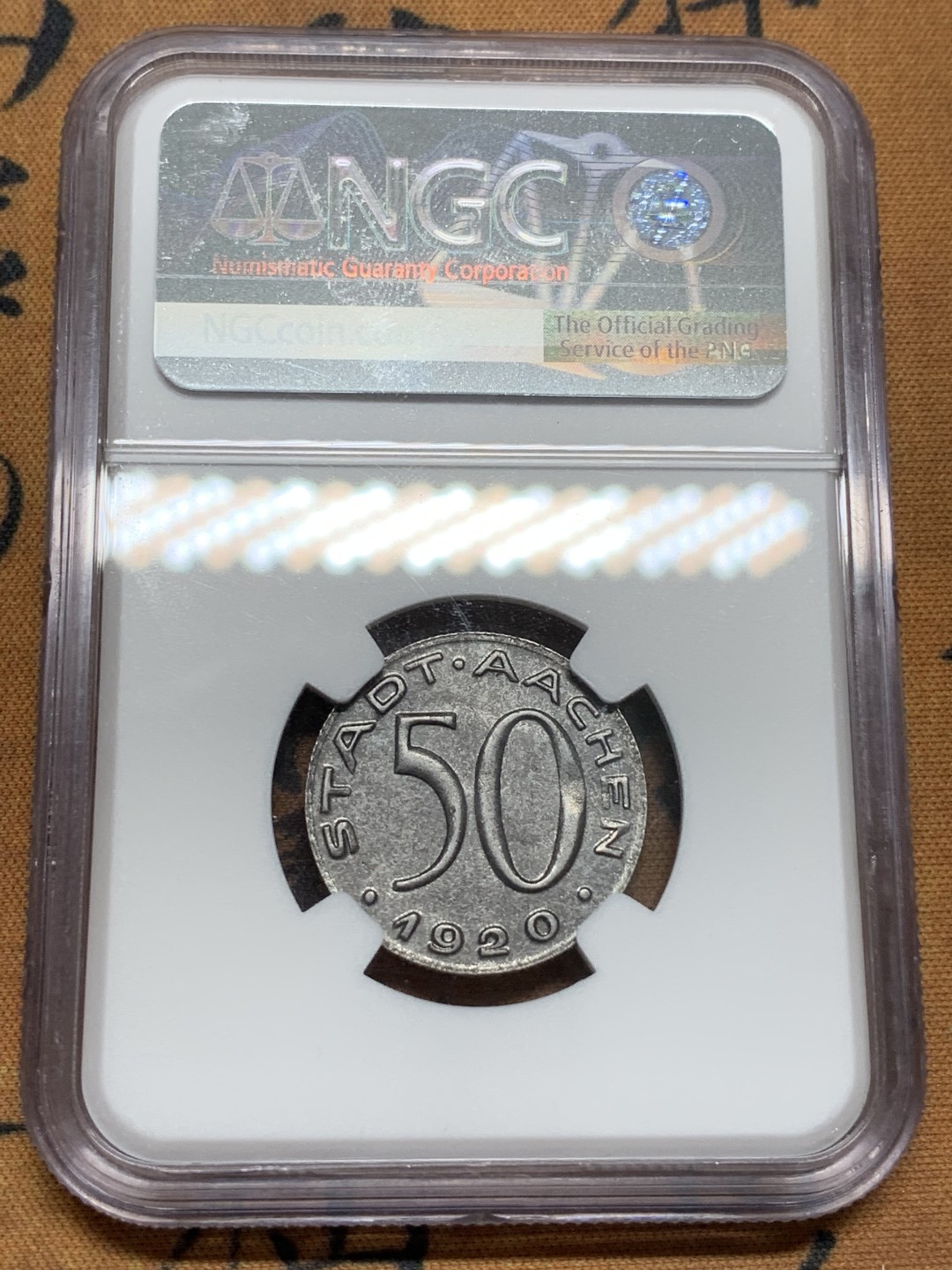 《竞宝斋》第91场-本周日，周一2场连拍（全场不限金额包邮） NGC AU58 1920年德国亚琛鹰头50芬尼铁币 品相一流 NGC更高分仅有５枚　国内少见　已然可以收藏