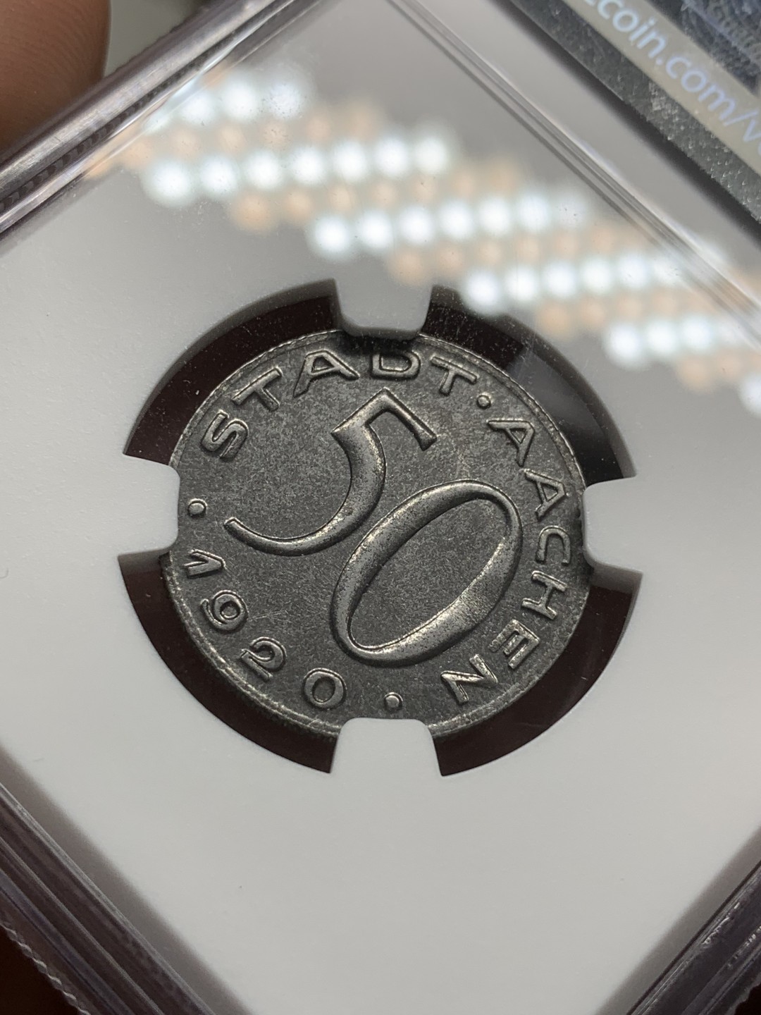 《竞宝斋》第91场-本周日，周一2场连拍（全场不限金额包邮） NGC AU58 1920年德国亚琛鹰头50芬尼铁币 品相一流 NGC更高分仅有５枚　国内少见　已然可以收藏