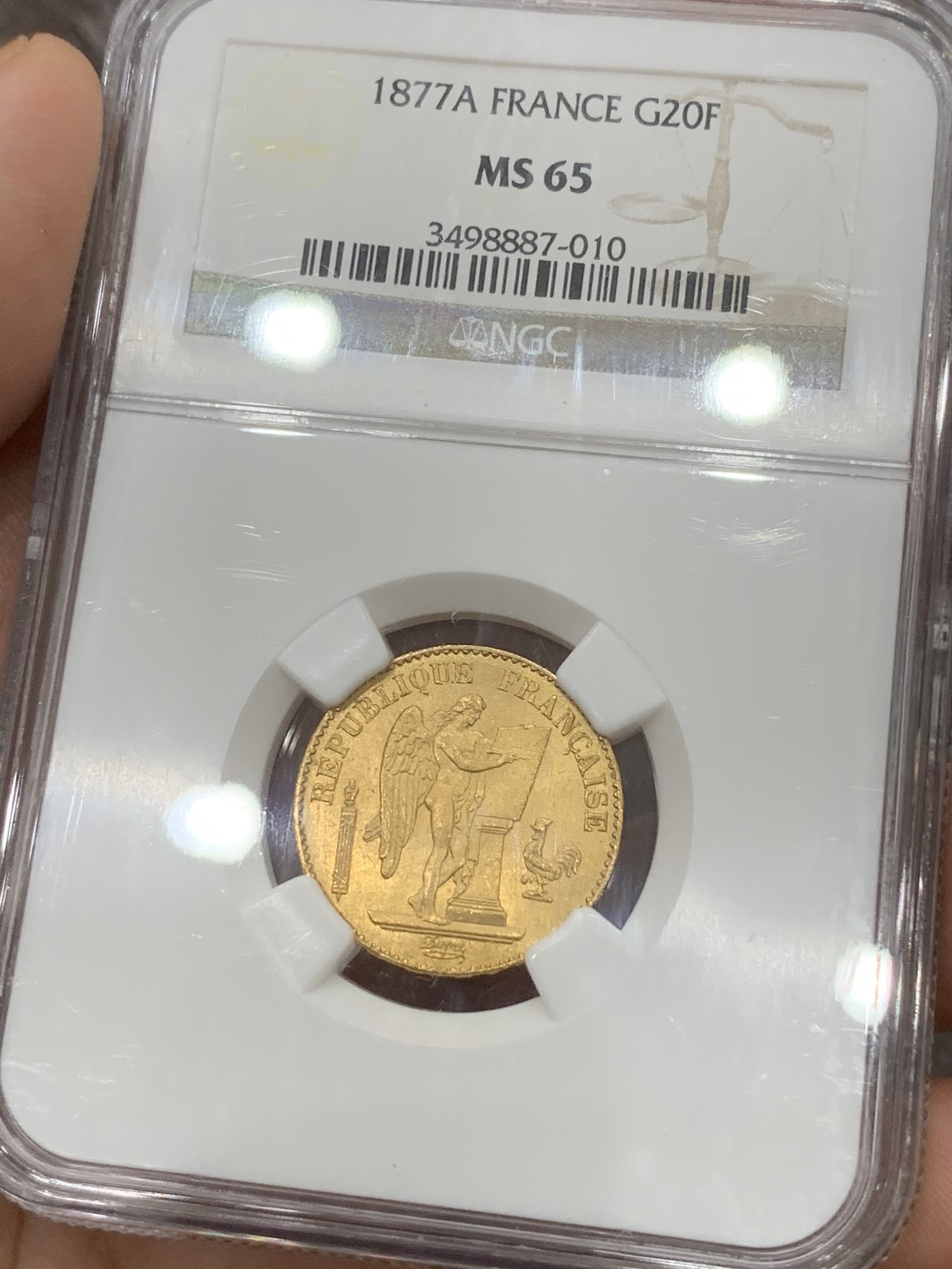 《竞宝斋》第91场-本周日，周一2场连拍（全场不限金额包邮） NGC MS65 法国1877年宪法天使20法郎幸运金币高分少见