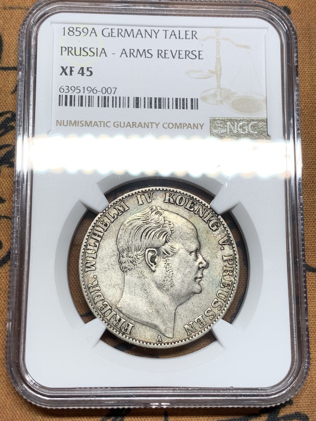 《竞宝斋》第91场-本周日，周一2场连拍（全场不限金额包邮） NGC-XF45 德国普鲁士1859年 威廉四世 1泰勒大银币 原味好品