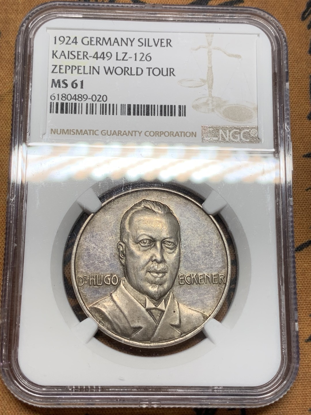《竞宝斋》第91场-本周日，周一2场连拍（全场不限金额包邮） NGC-MS61 德国1924齐柏林飞艇纪念 银章