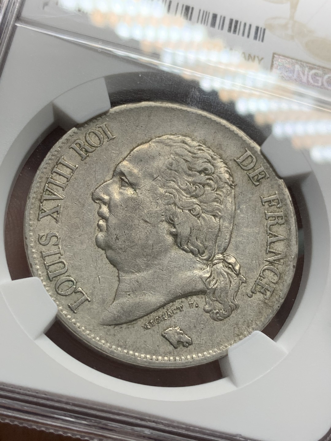 《竞宝斋》第91场-本周日，周一2场连拍（全场不限金额包邮） NGC-AU50 法国1822-W 路易十八5法郎银币 带底光 少见 更高分仅6枚