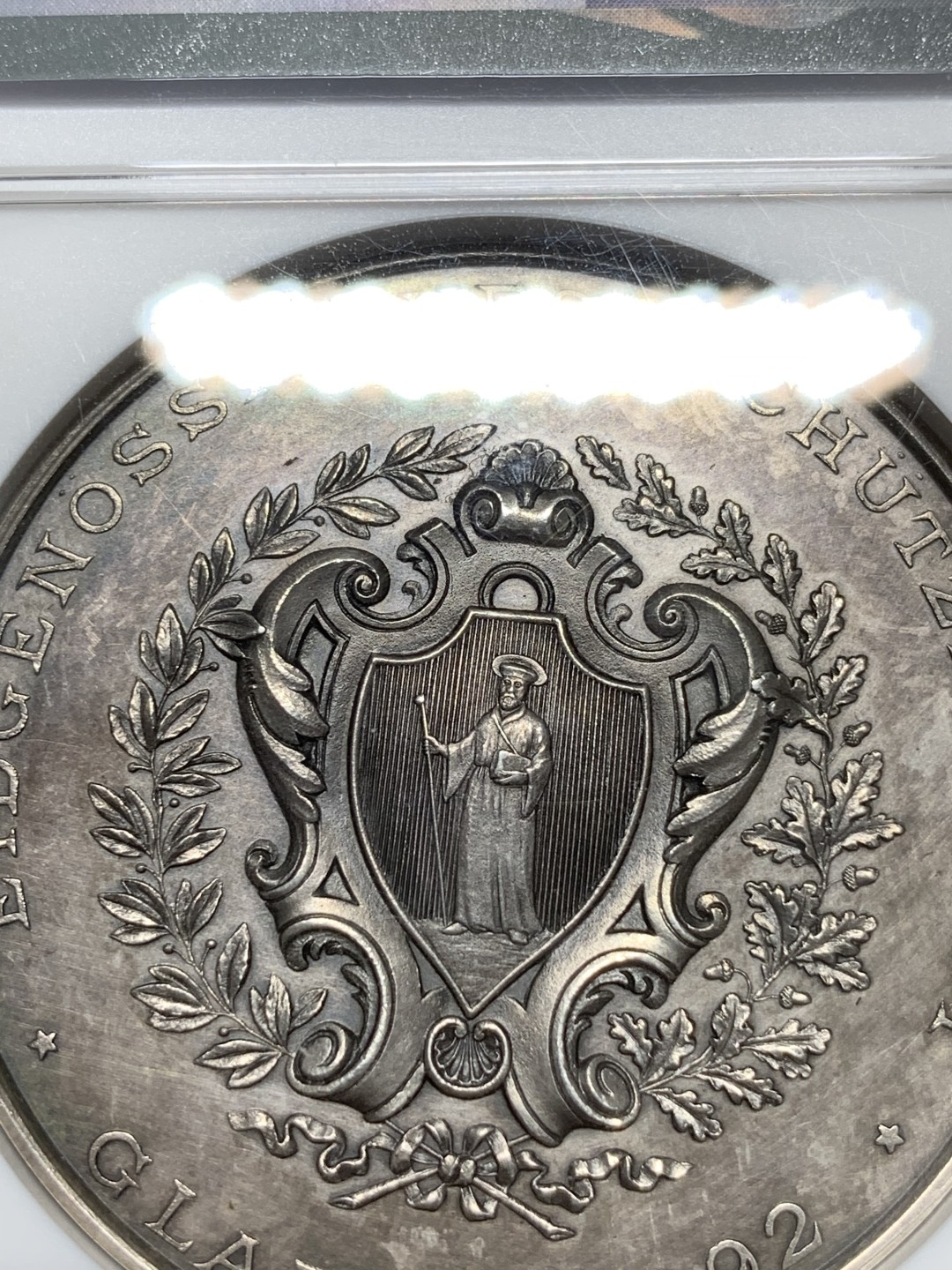 《竞宝斋》第91场-本周日，周一2场连拍（全场不限金额包邮） NGC-MS62 1892 瑞士格拉鲁斯射击节 银章 状态好 才是真的好