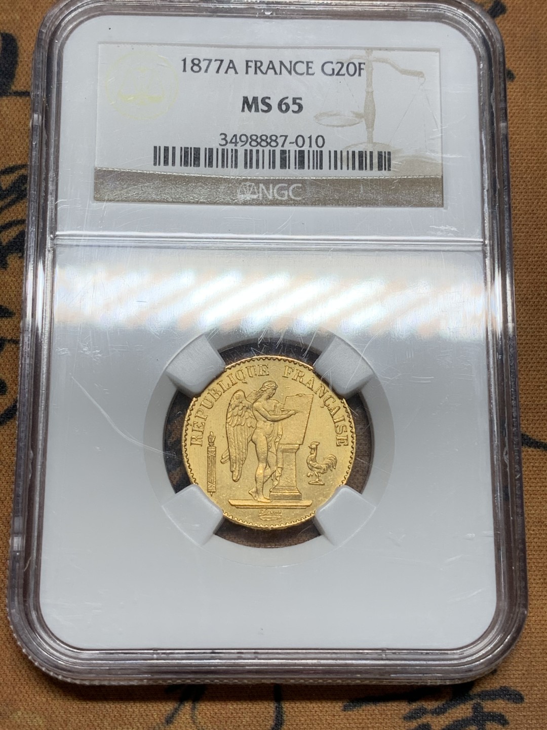 《竞宝斋》第91场-本周日，周一2场连拍（全场不限金额包邮） NGC MS65 法国1877年宪法天使20法郎幸运金币高分少见