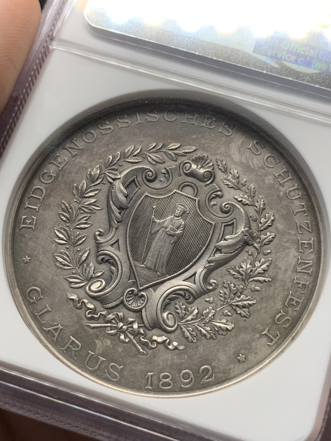 《竞宝斋》第91场-本周日，周一2场连拍（全场不限金额包邮） NGC-MS62 1892 瑞士格拉鲁斯射击节 银章 状态好 才是真的好